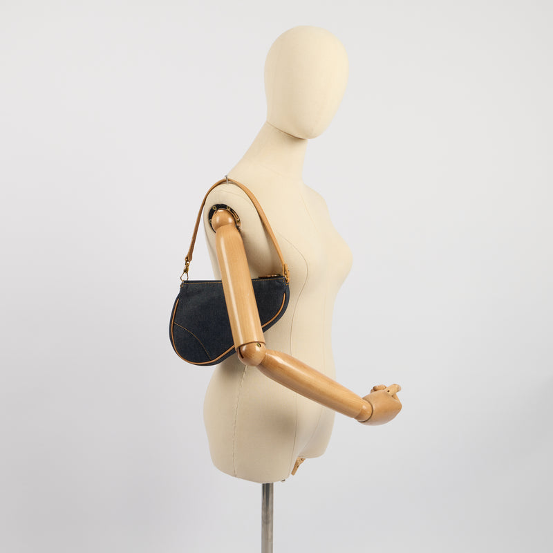 Christian Dior Shoulder Bag Saddle Pochette in Blue, Fabric