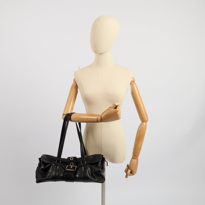 Prada Shoulder Bag Buckle Tote  in Black, Leather