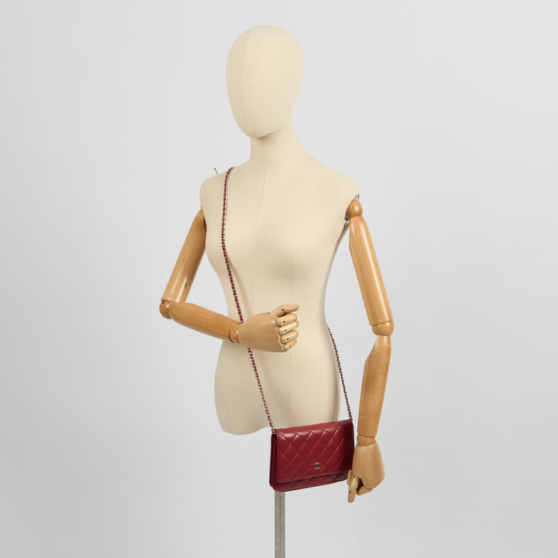 Chanel Cross Body Wallet on Chain in Red, Lambskin Leather