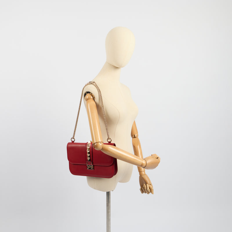 Valentino Shoulder Bag Glam Lock - Small in Red, Calfskin