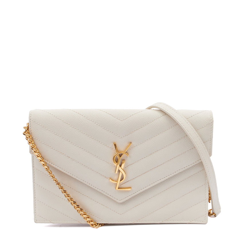 Picture of Saint Laurent Cross Body Envelope Wallet on Chain in Neutral, Calfskin Leather