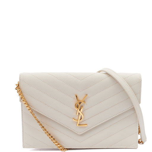 Picture of Saint Laurent Cross Body Envelope Wallet on Chain in Neutral, Calfskin Leather