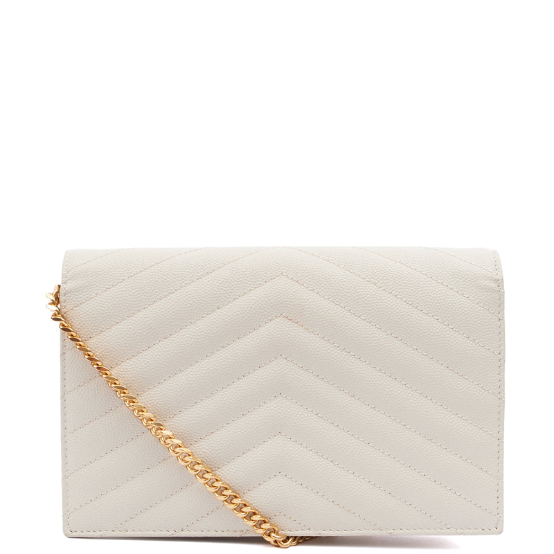 Picture of Saint Laurent Cross Body Envelope Wallet on Chain in Neutral, Calfskin Leather