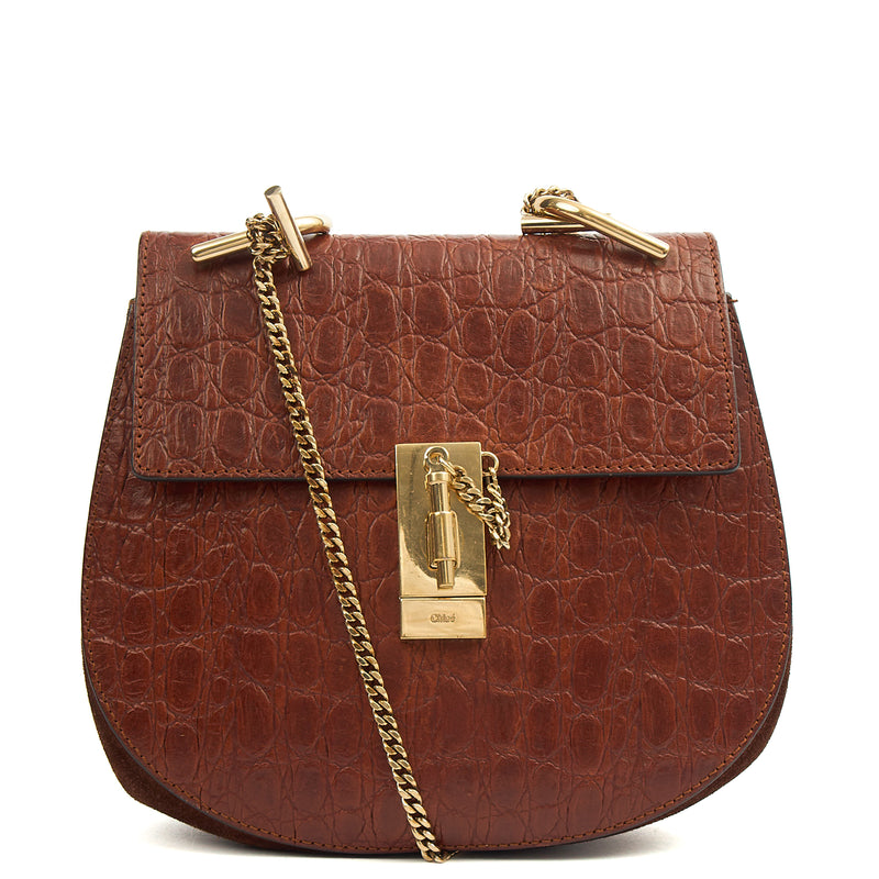 Picture of Chloe Cross Body Drew Small Shoulder Bag in Brown, Embossed Croco Calfskin