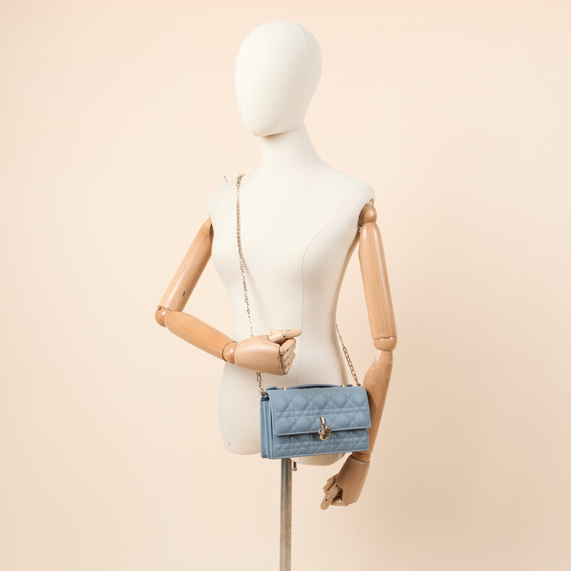 Christian Dior Top Handle My Dior Daily Chain Pouch in Blue, Cannage Quilted Grain Skin