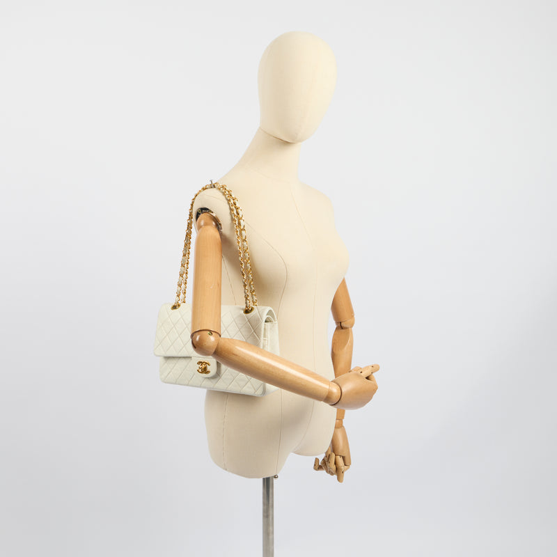 Classic Double Flap- Medium in White, Calfskin Leather With Gold Hardware