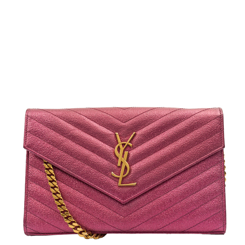 Saint Laurent Cross Body Envelope Wallet on Chain in Pink, Calfskin Leather