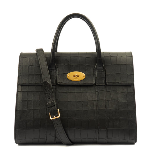 Picture of Mulberry Tote Bayswater with Strap in Black, Exotic Effect Leather