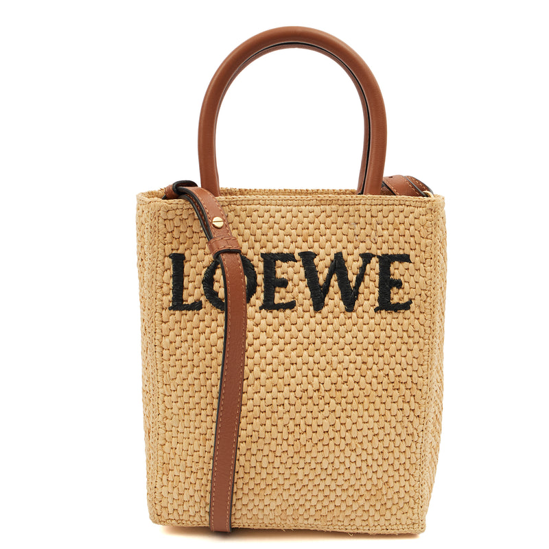 Picture of Loewe Cross Body Raffia Tote - Small in Brown, Leather