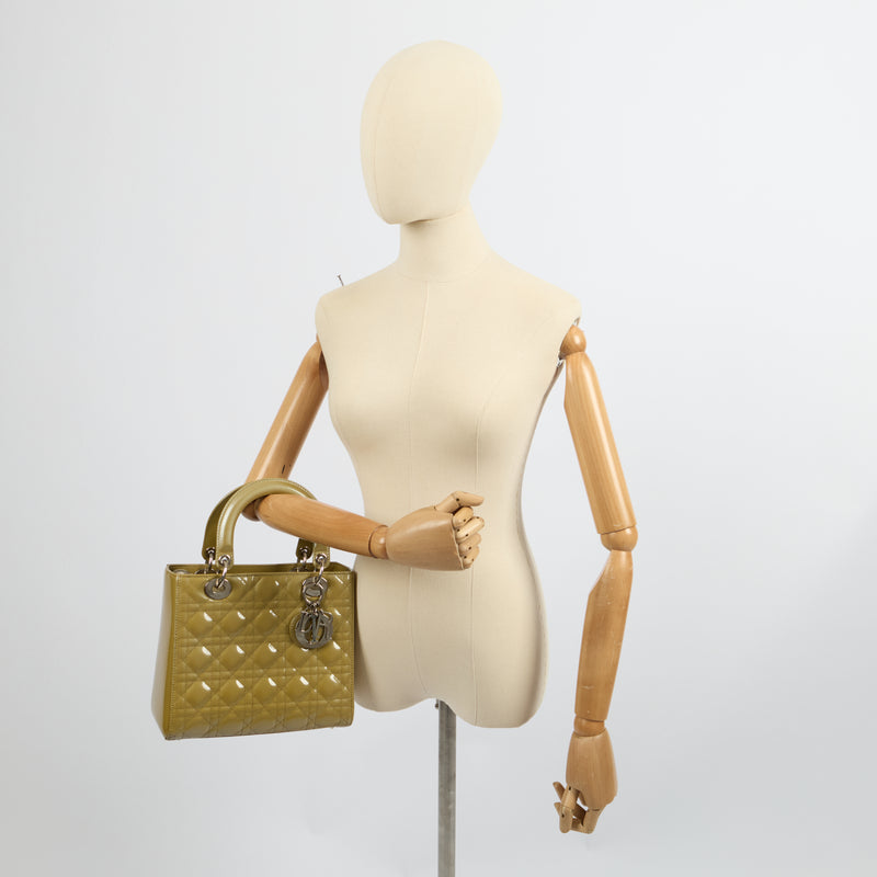 Christian Dior Tote Lady Dior - Medium in Yellow, Cannage Quilted Patent