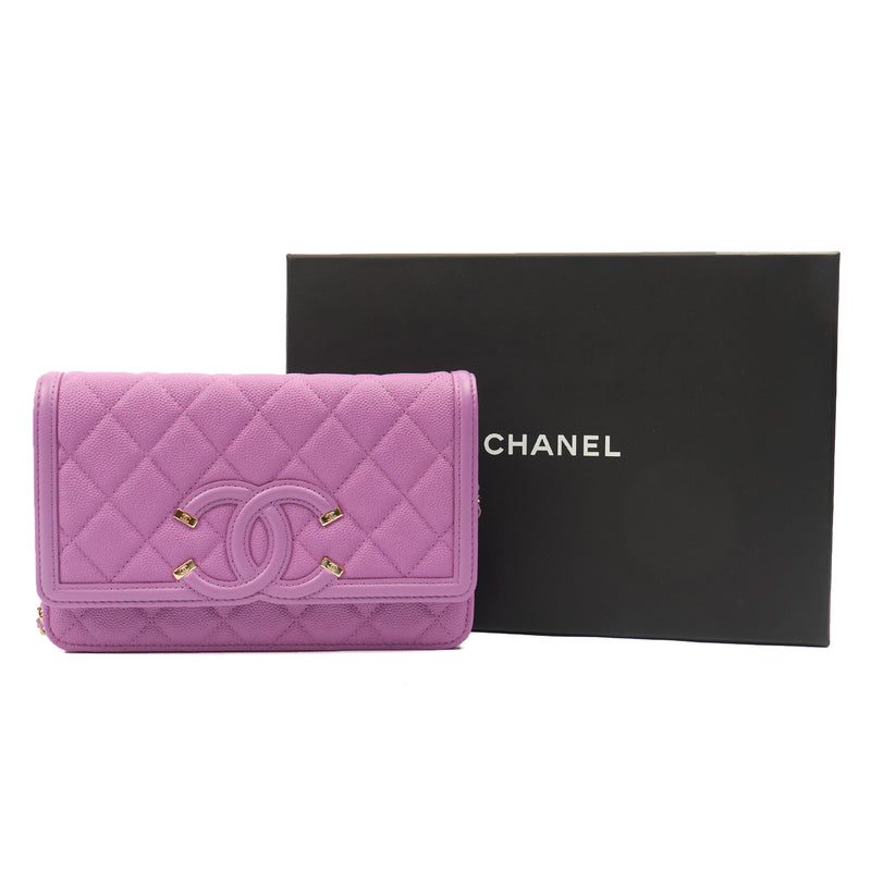 Picture of Chanel Cross Body CC Filigree Clutch With Chain in Purple, Caviar Leather
