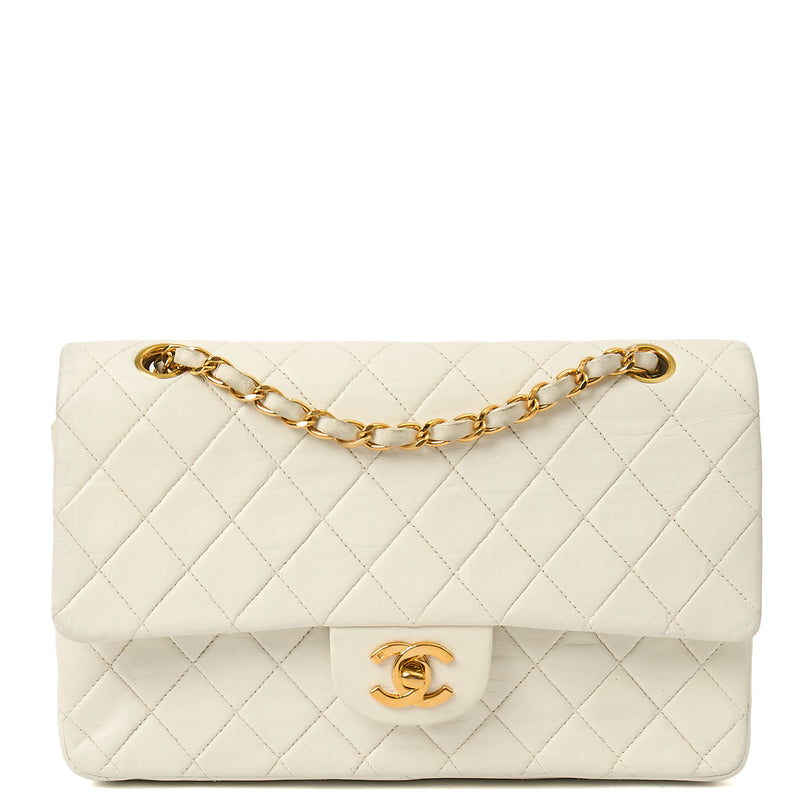 Classic Double Flap- Medium in White, Calfskin Leather With Gold Hardware