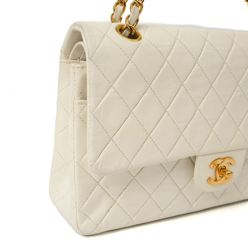 Classic Double Flap- Medium in White, Calfskin Leather With Gold Hardware